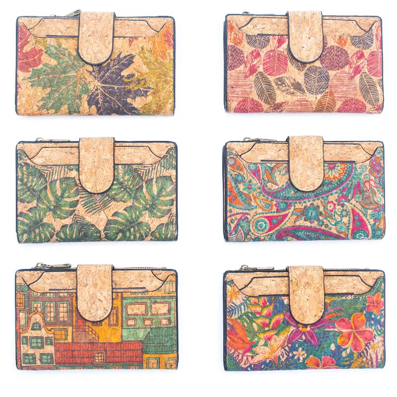 6 Natural Cork card Wallets with Floral Print and Mosaic Patterns (6 Units Pack) HY-014-MIX-6